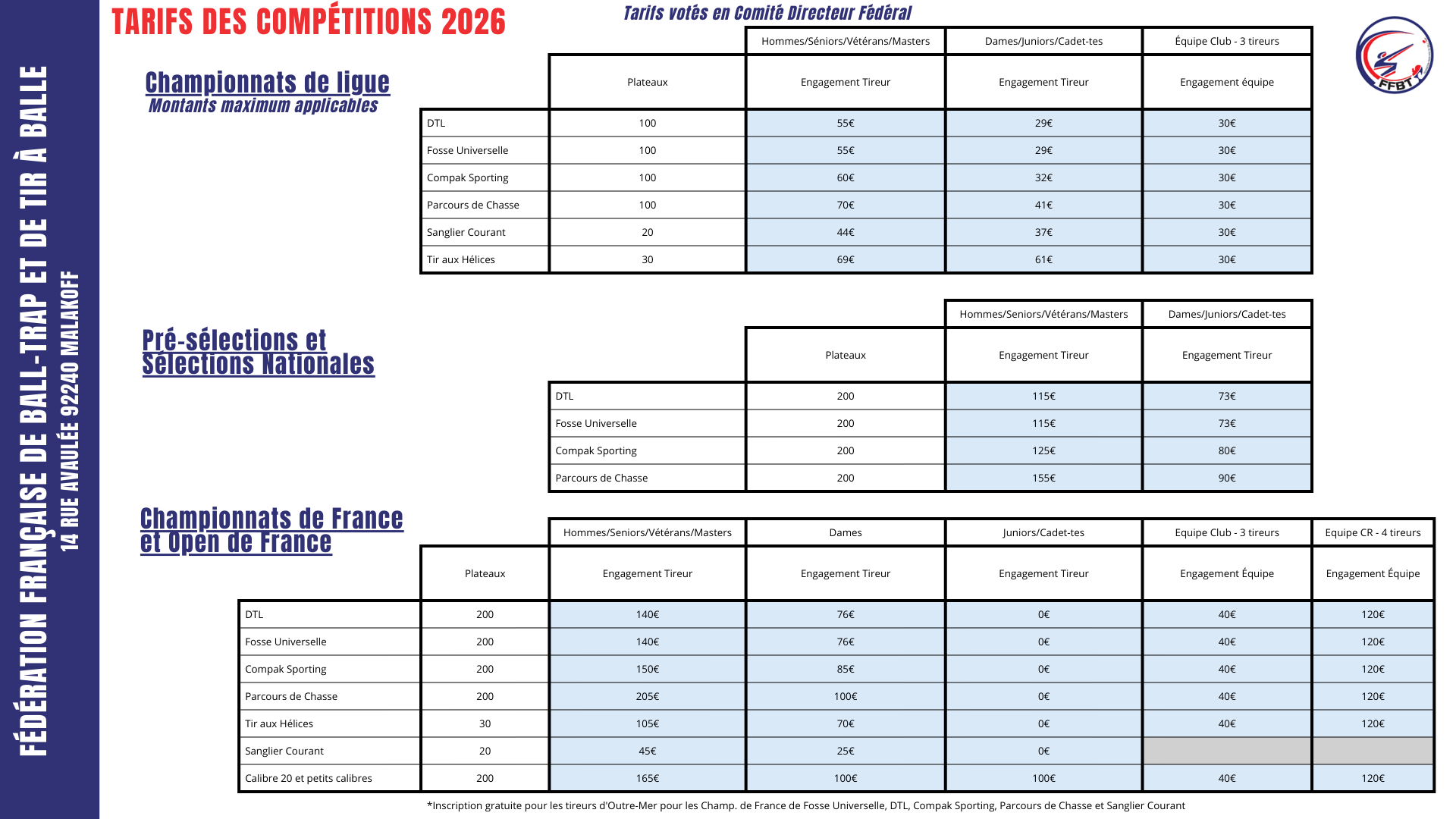 Tarifs compétitions 2026